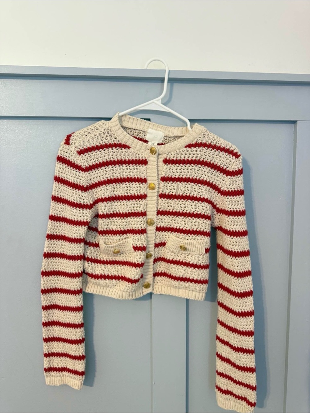 H&M Cream and Red Striped Knit Cardigan Sweater